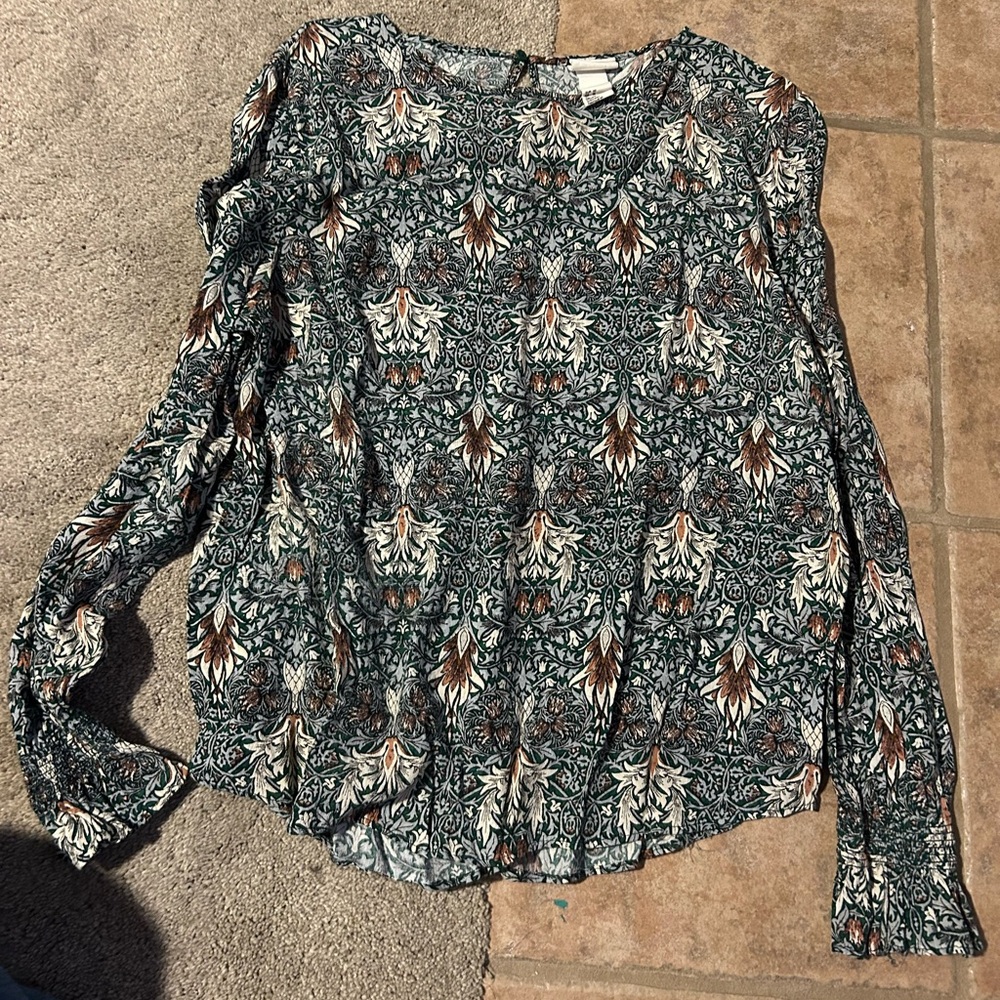 H&M Green Floral Long-Sleeve Blouse with Brown and Cream Accents